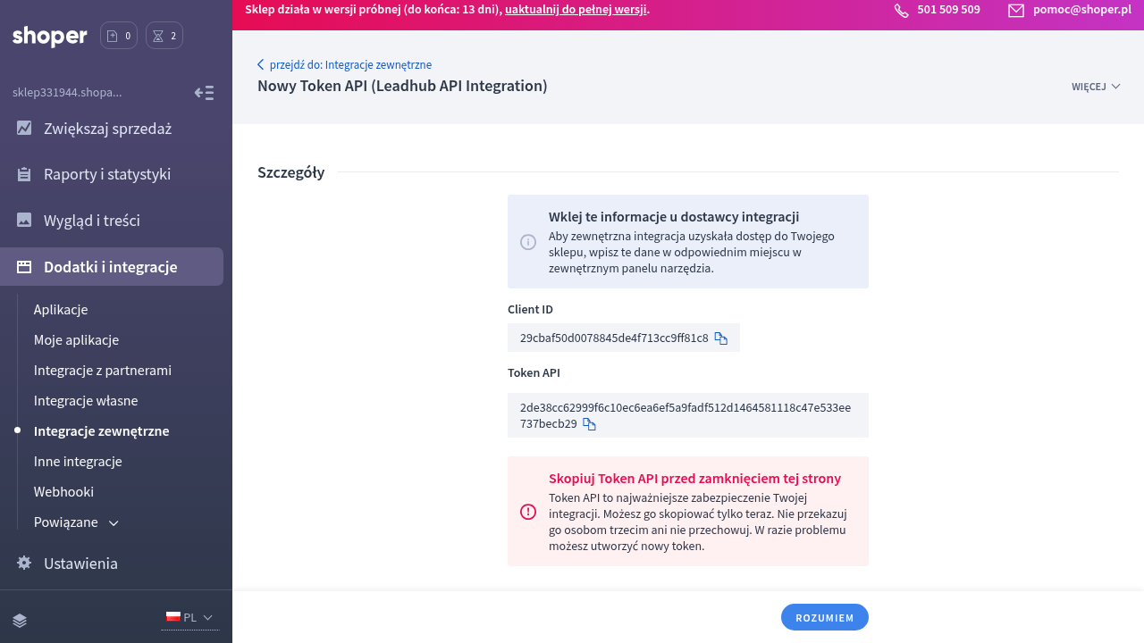 Zkopírujte Client ID a Token API